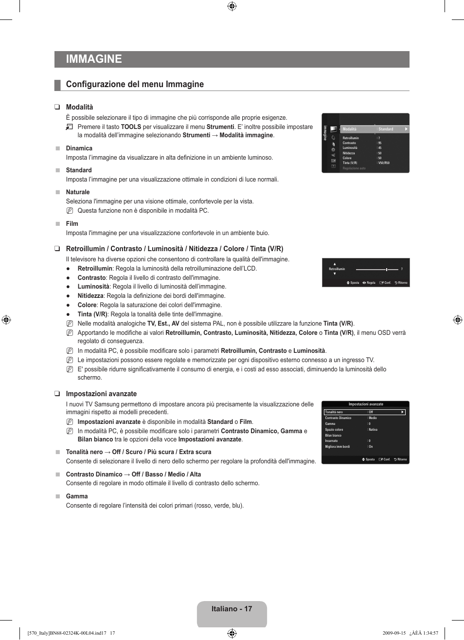 Immagine, Configurazione del menu immagine, Italiano - 1 | Modalità, Impostazioni avanzate | Samsung LE46B579A5S User Manual | Page 83 / 221