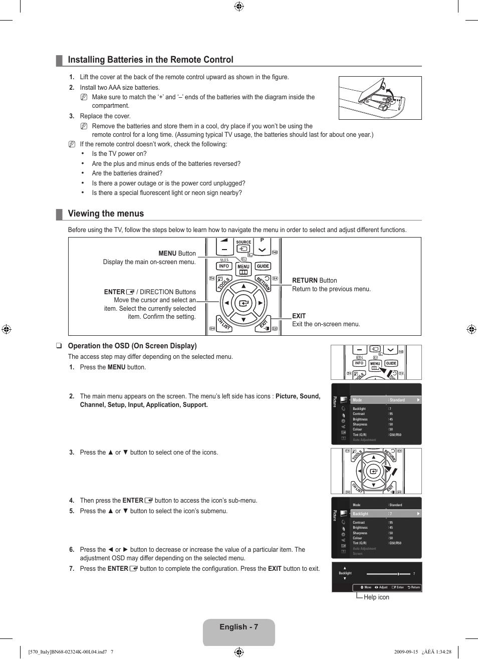 Installing batteries in the remote control, Viewing the menus, Operation | English, Operation the osd (on screen display) | Samsung LE46B579A5S User Manual | Page 9 / 221