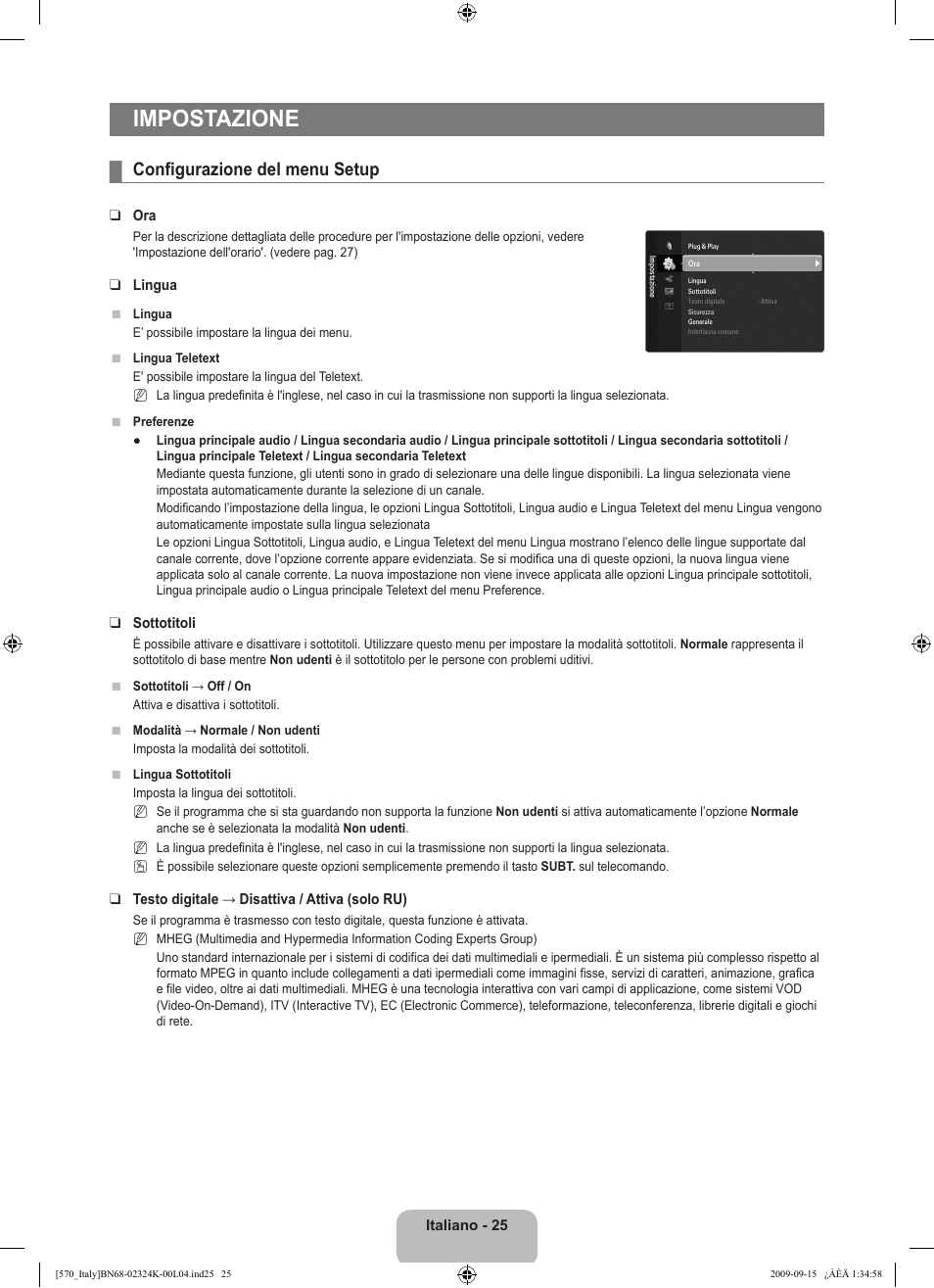 Impostazione, Configurazione del menu setup | Samsung LE46B579A5S User Manual | Page 91 / 221
