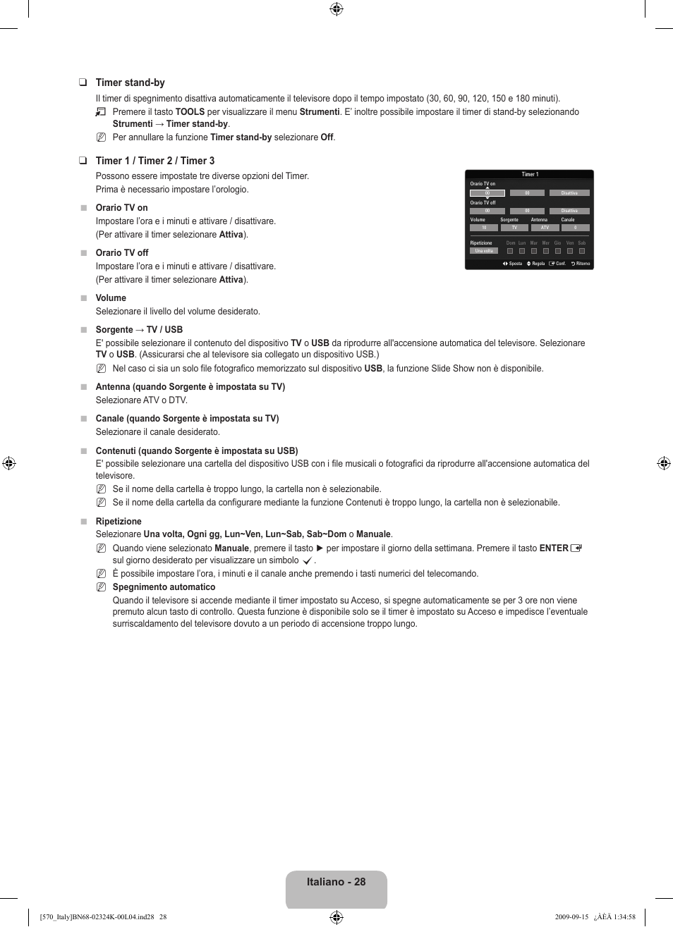 Italiano - 2 timer stand-by, Timer 1 / timer 2 / timer 3 | Samsung LE46B579A5S User Manual | Page 94 / 221