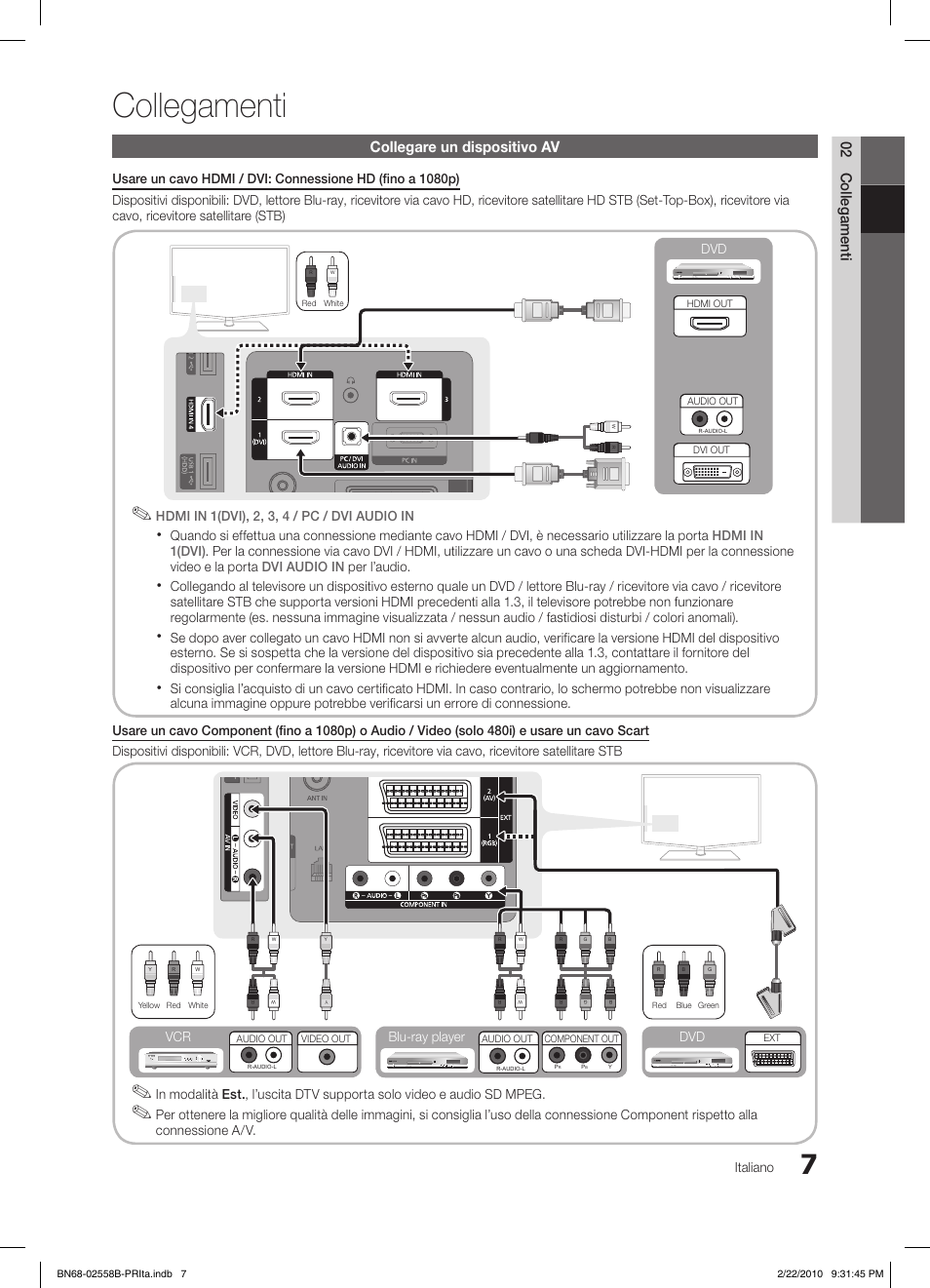 Collegamenti, 02 collegamenti, Collegare un dispositivo av | Italiano, Connessione a/v, Blu-ray player dvd vcr | Samsung LE46C653M2W User Manual | Page 169 / 217