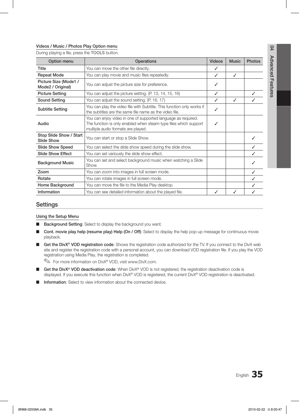Settings | Samsung LE46C653M2W User Manual | Page 35 / 217