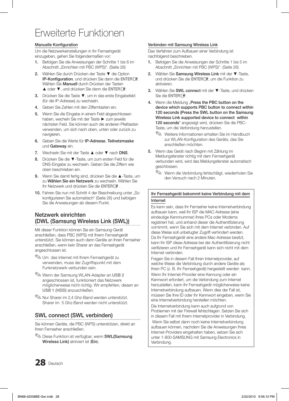 Erweiterte funktionen, Swl connect (swl verbinden) | Samsung LE46C653M2W User Manual | Page 82 / 217