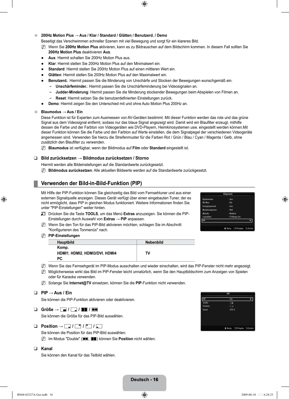 Verwenden der bild-in-bild-funktion (pip), Deutsch - 16 16, Pip → aus / ein | Größe → х / г / а / œ, Position → ã / – / — / œ, Kanal | Samsung LE40B750U1P User Manual | Page 102 / 302
