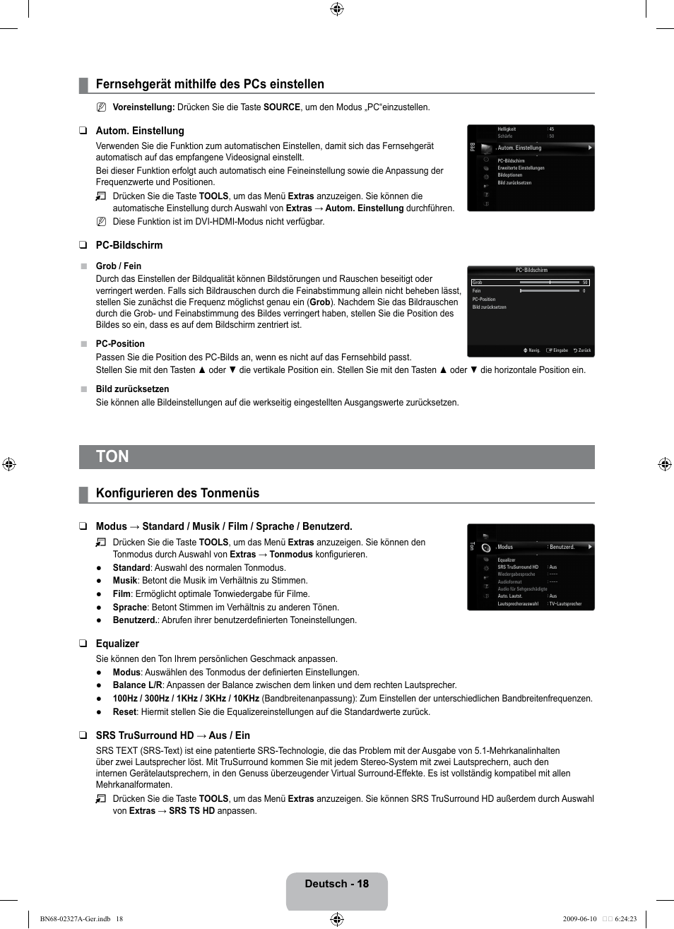 Fernsehgerät mithilfe des pcs einstellen, Konfigurieren des tonmenüs, Deutsch - 18 18 | Autom. einstellung, Pc-bildschirm, Equalizer, Srs trusurround hd → aus / ein | Samsung LE40B750U1P User Manual | Page 104 / 302