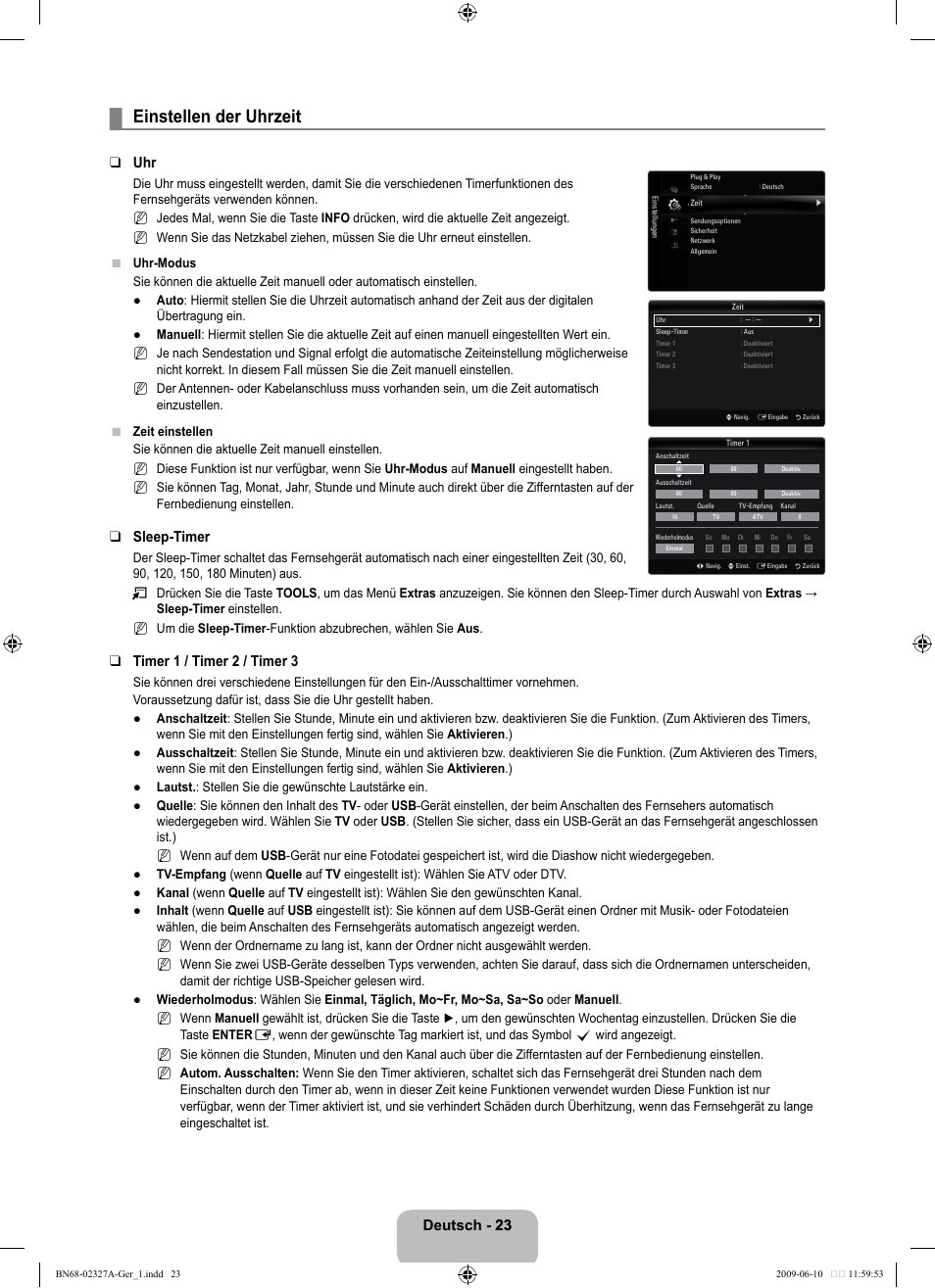 Einstellen der uhrzeit, Deutsch, Sleep-timer | Timer 1 / timer � / timer | Samsung LE40B750U1P User Manual | Page 109 / 302