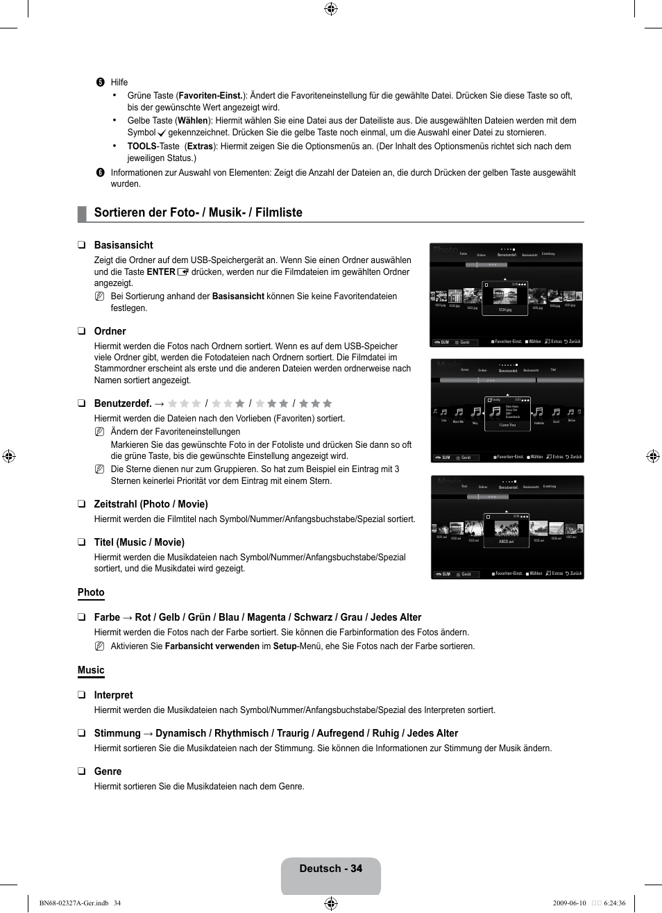 Sortieren der foto- / musik- / filmliste, Deutsch - 34 34, Basisansicht | Ordner, Benutzerdef. → fff / ff f / f ff / fff, Zeitstrahl (photo / movie), Titel (music / movie), Music interpret, Genre | Samsung LE40B750U1P User Manual | Page 120 / 302