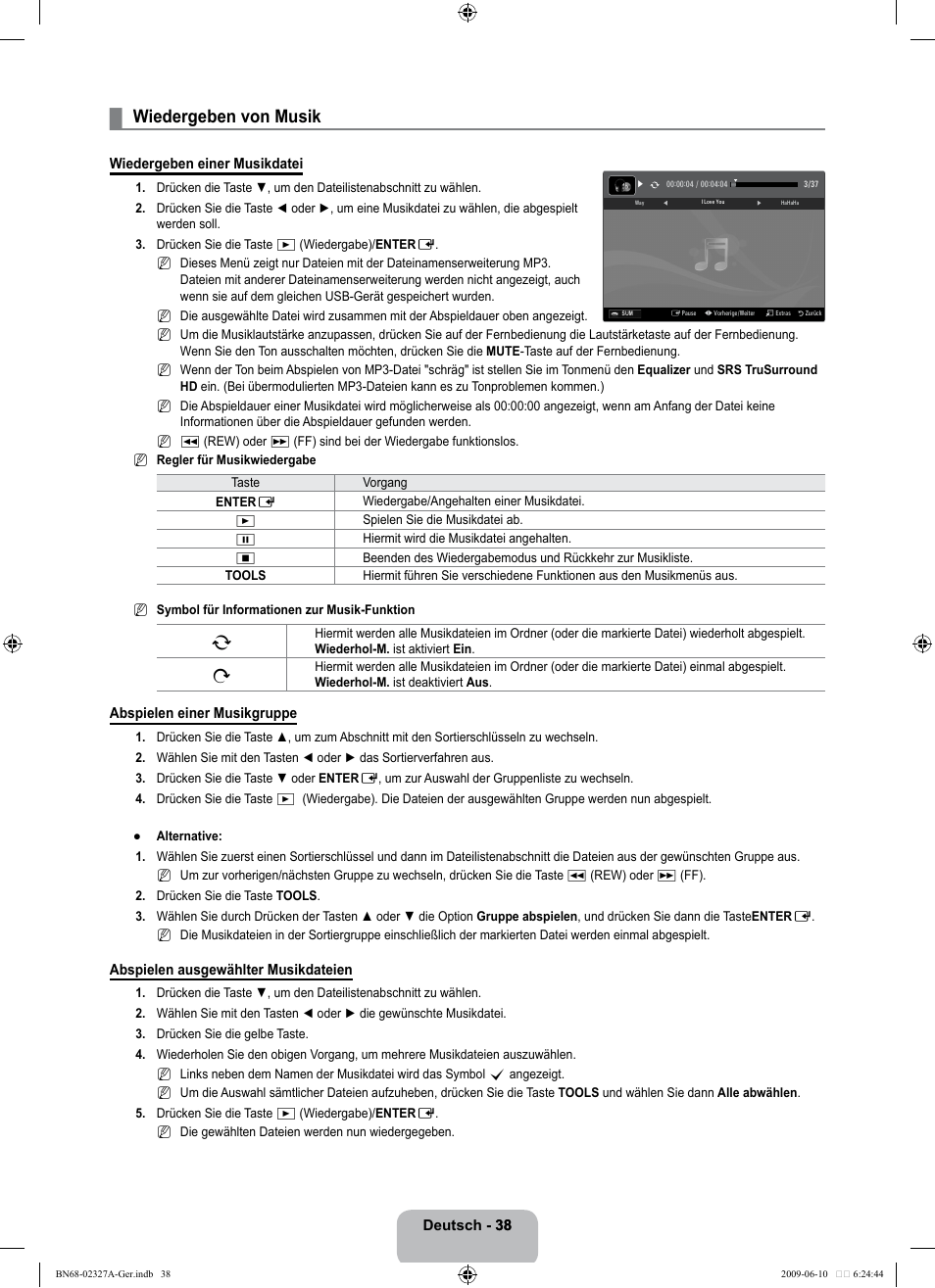 Wiedergeben von musik | Samsung LE40B750U1P User Manual | Page 124 / 302