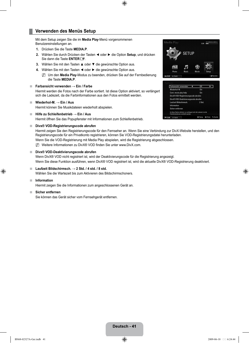 Verwenden des menüs setup, Setup, Deutsch - 41 41 | Samsung LE40B750U1P User Manual | Page 127 / 302