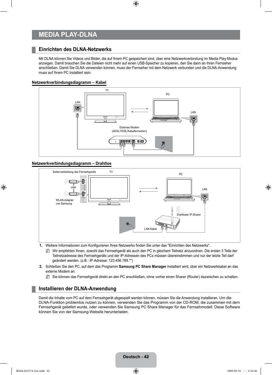 Media play-dlna, Einrichten des dlna-netzwerks, Installieren der dlna-anwendung | Samsung LE40B750U1P User Manual | Page 128 / 302