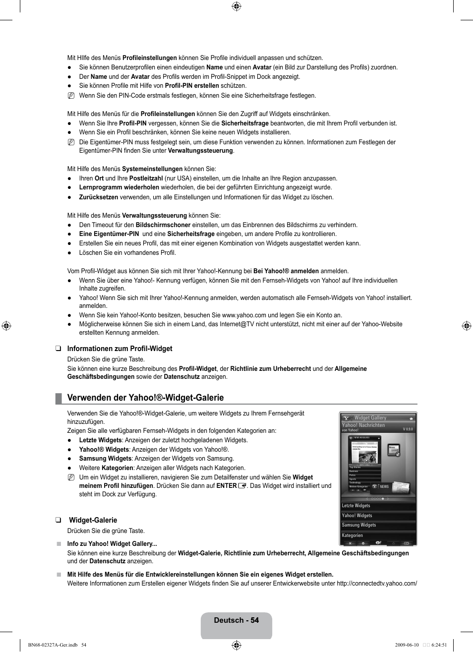 Verwenden der yahoo!®-widget-galerie | Samsung LE40B750U1P User Manual | Page 140 / 302