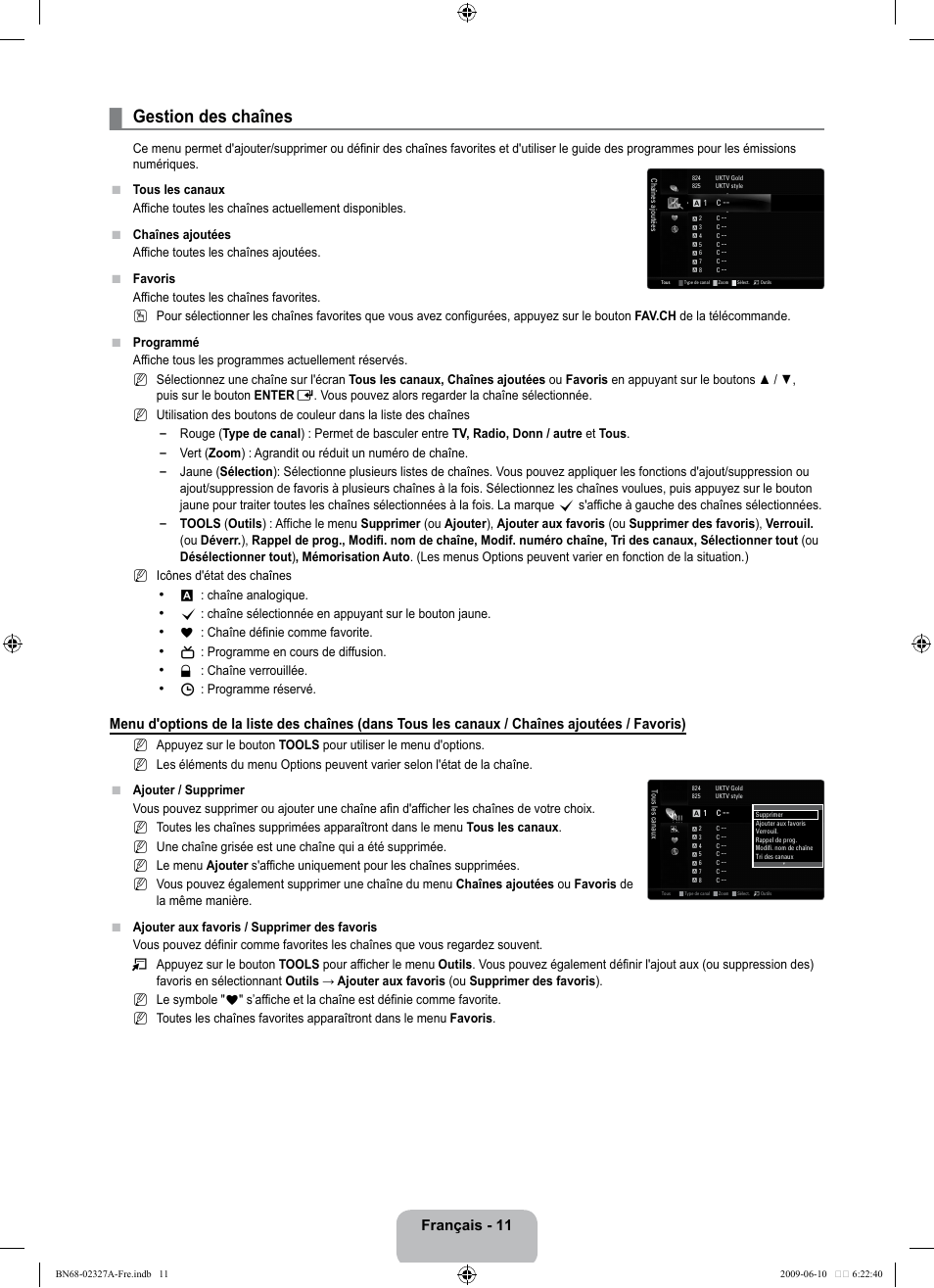 Gestion des chaînes, Français - 11 | Samsung LE40B750U1P User Manual | Page 167 / 302