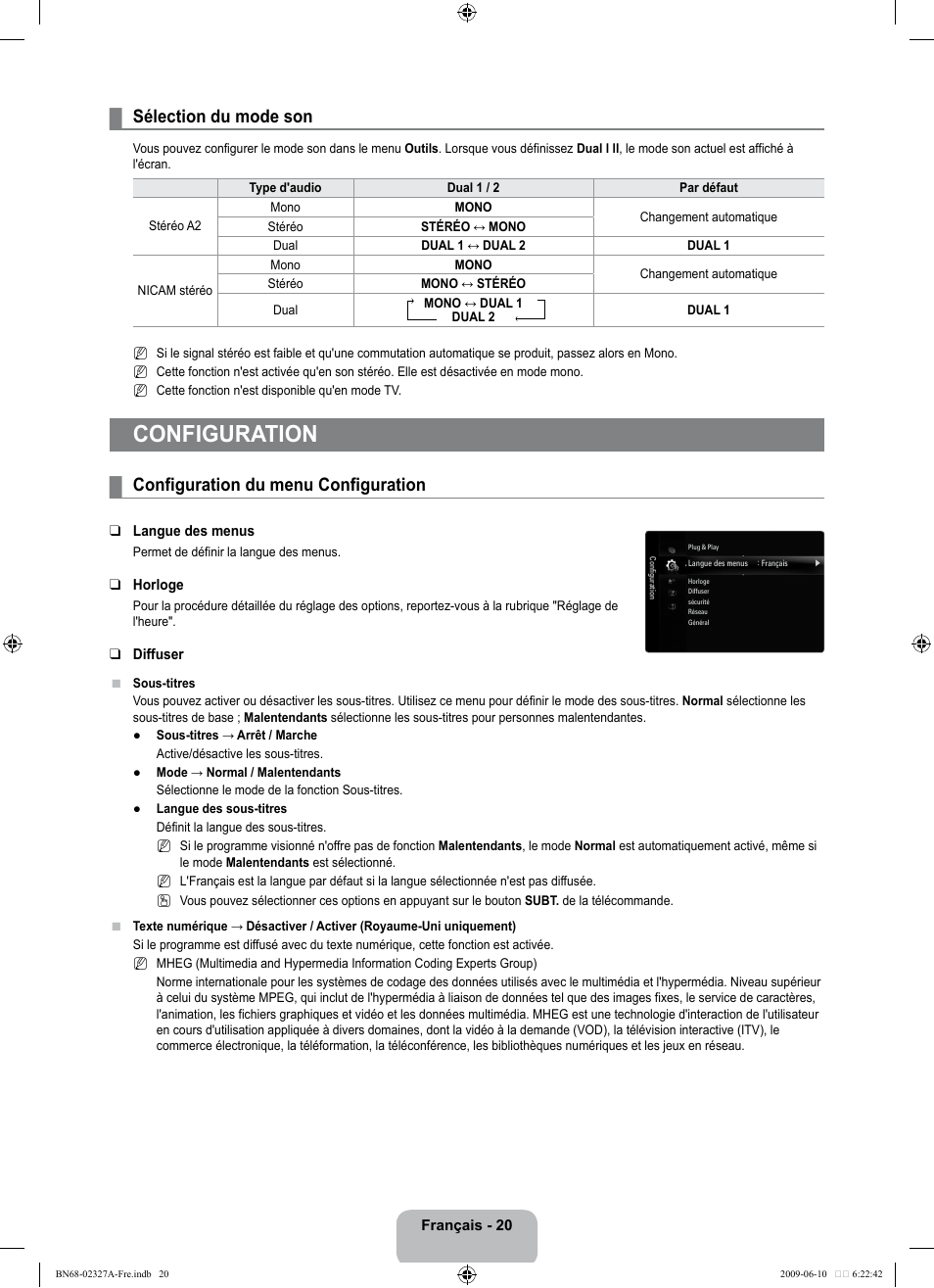 Configuration, Sélection du mode son, Configuration du menu configuration | Samsung LE40B750U1P User Manual | Page 176 / 302