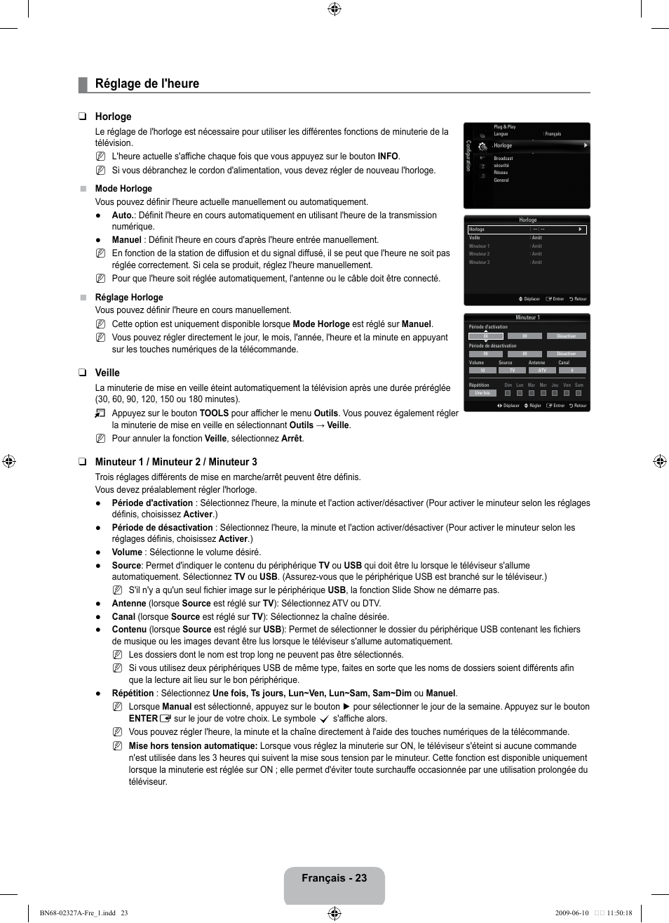 Réglage de l'heure, Français - 23, Horloge | Veille, Minuteur 1 / minuteur 2 / minuteur 3 | Samsung LE40B750U1P User Manual | Page 179 / 302