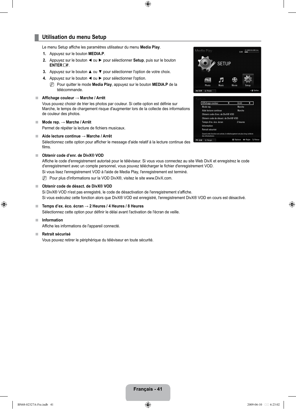 Utilisation du menu setup, Setup, Français - 41 | Samsung LE40B750U1P User Manual | Page 197 / 302