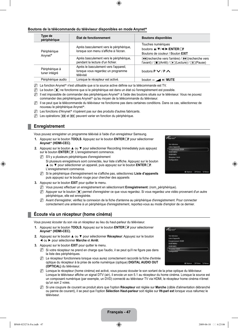 Enregistrement, Écoute via un récepteur (home cinéma) | Samsung LE40B750U1P User Manual | Page 203 / 302