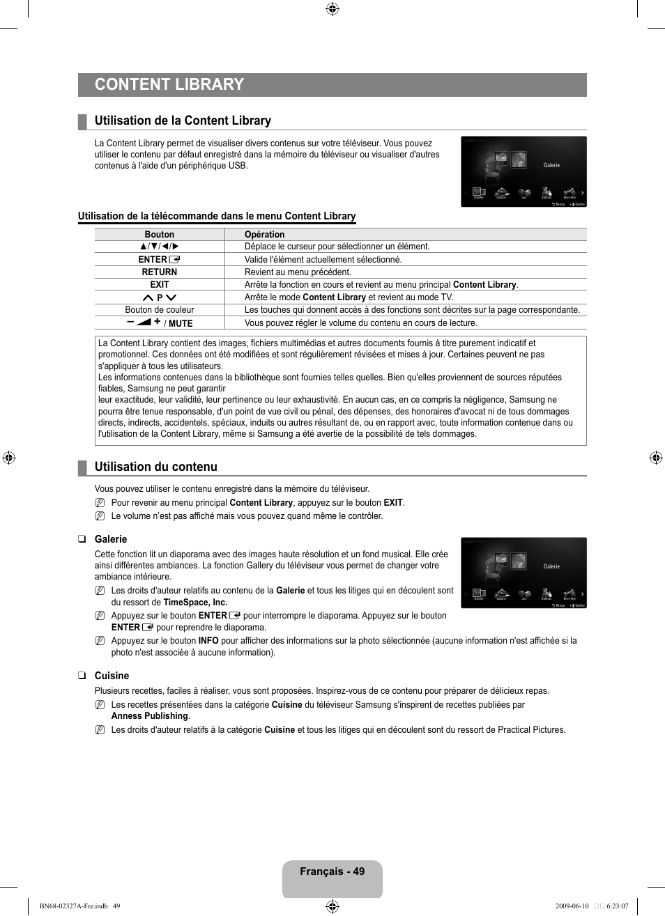 Content library, Utilisation de la content library, Utilisation du contenu | Samsung LE40B750U1P User Manual | Page 205 / 302