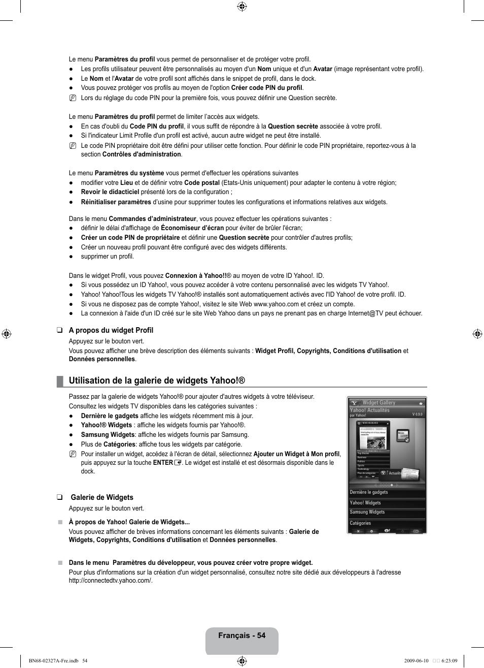Utilisation de la galerie de widgets yahoo | Samsung LE40B750U1P User Manual | Page 210 / 302
