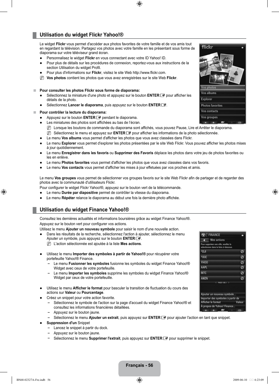 Utilisation du widget flickr yahoo, Utilisation du widget finance yahoo | Samsung LE40B750U1P User Manual | Page 212 / 302