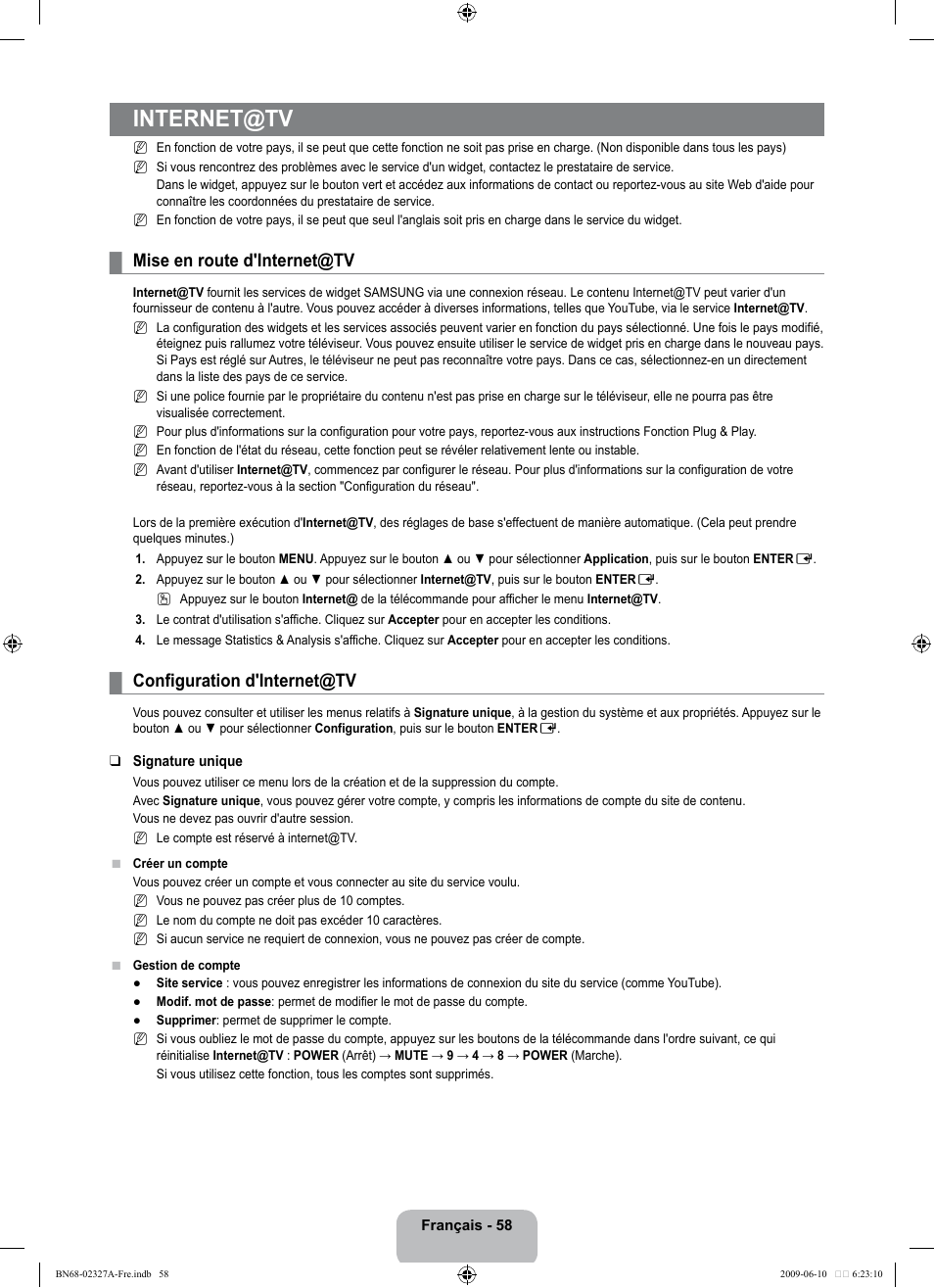 Internet@tv, Mise en route d'internet@tv, Configuration d'internet@tv | Samsung LE40B750U1P User Manual | Page 214 / 302