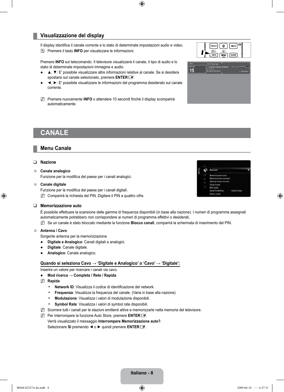 Canale, Visualizzazione del display, Menu canale | Samsung LE40B750U1P User Manual | Page 234 / 302