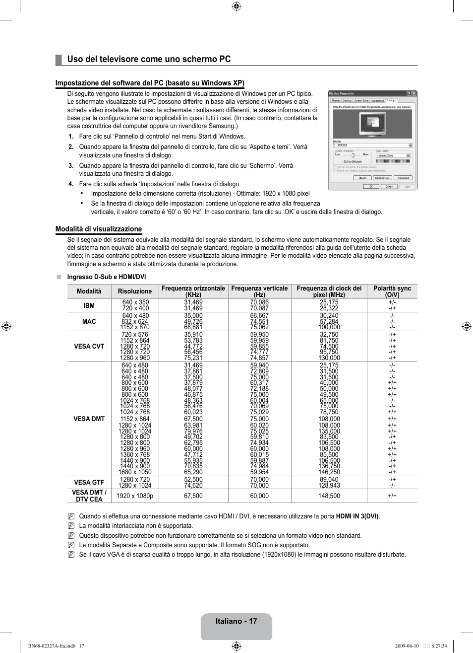 Uso del televisore come uno schermo pc | Samsung LE40B750U1P User Manual | Page 243 / 302