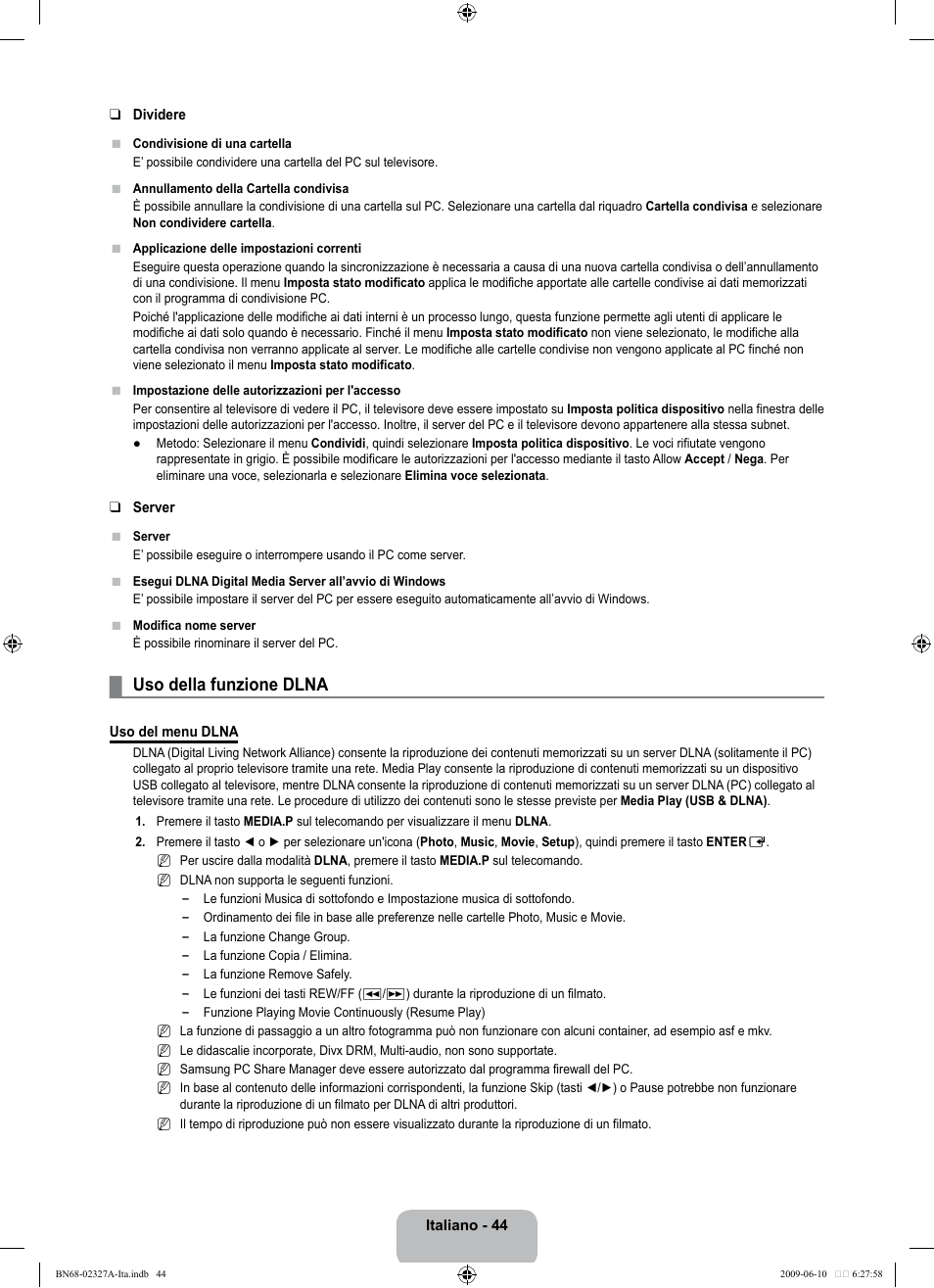 Uso della funzione dlna | Samsung LE40B750U1P User Manual | Page 270 / 302