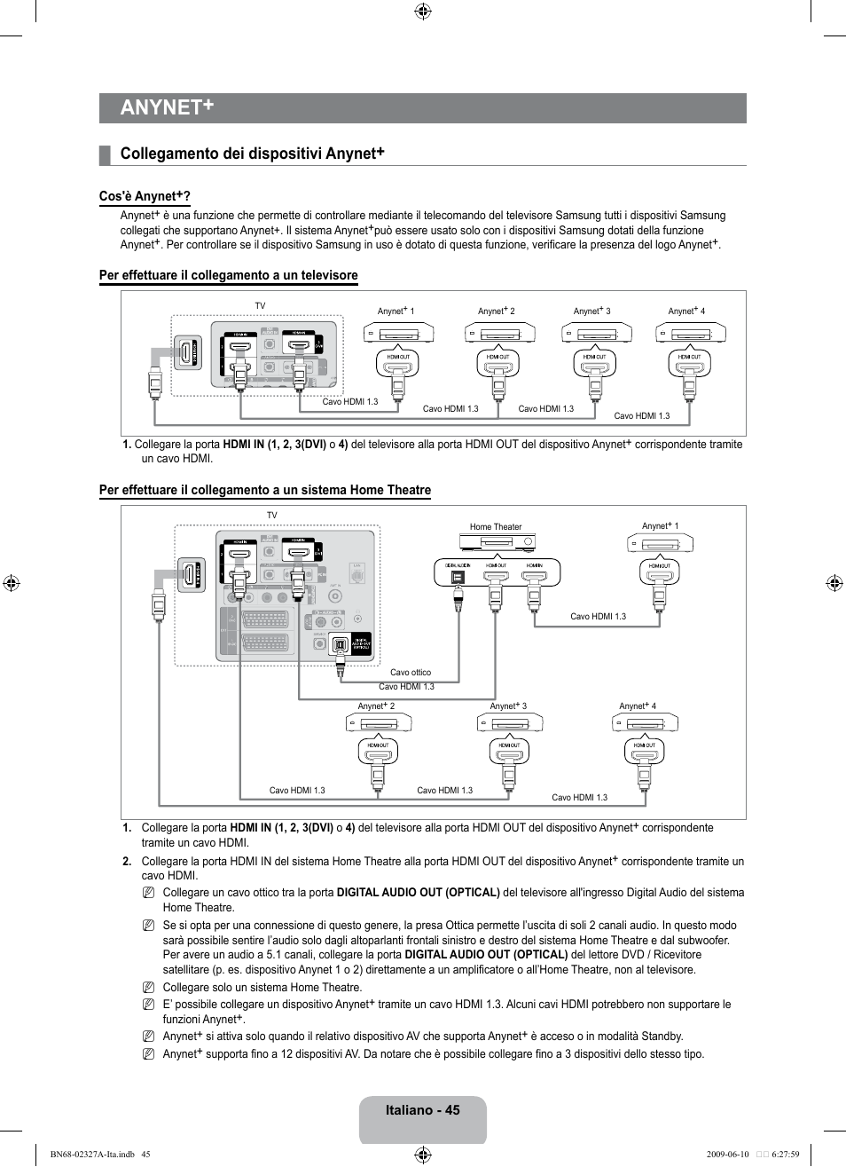 Anynet, Collegamento dei dispositivi anynet | Samsung LE40B750U1P User Manual | Page 271 / 302