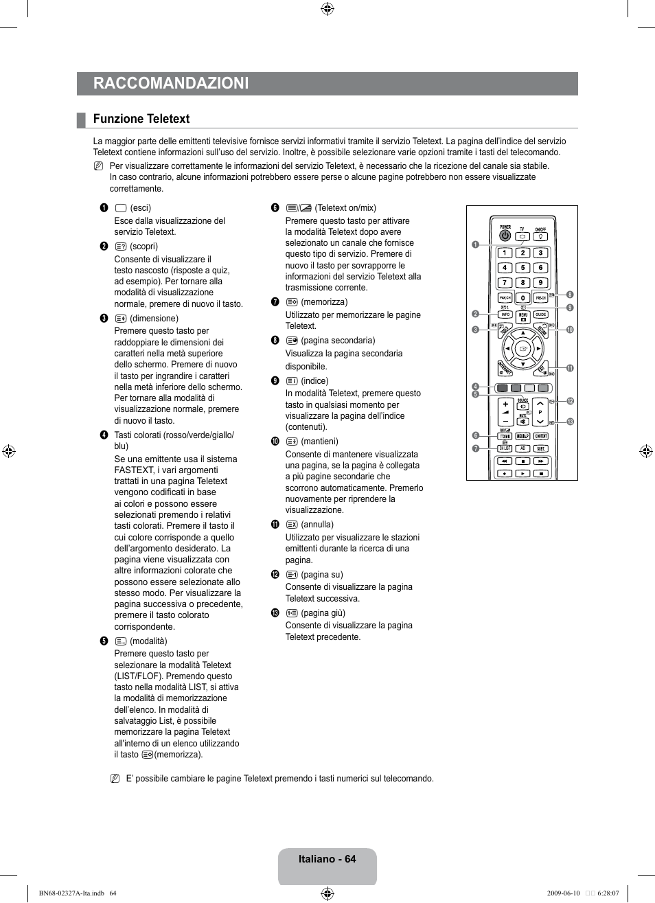 Raccomandazioni, Funzione teletext | Samsung LE40B750U1P User Manual | Page 290 / 302