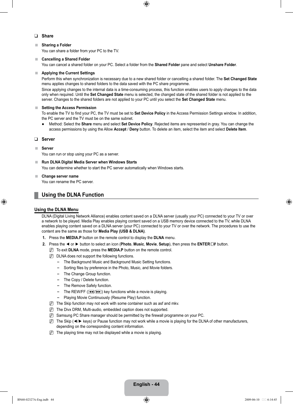 Using the dlna function | Samsung LE40B750U1P User Manual | Page 46 / 302