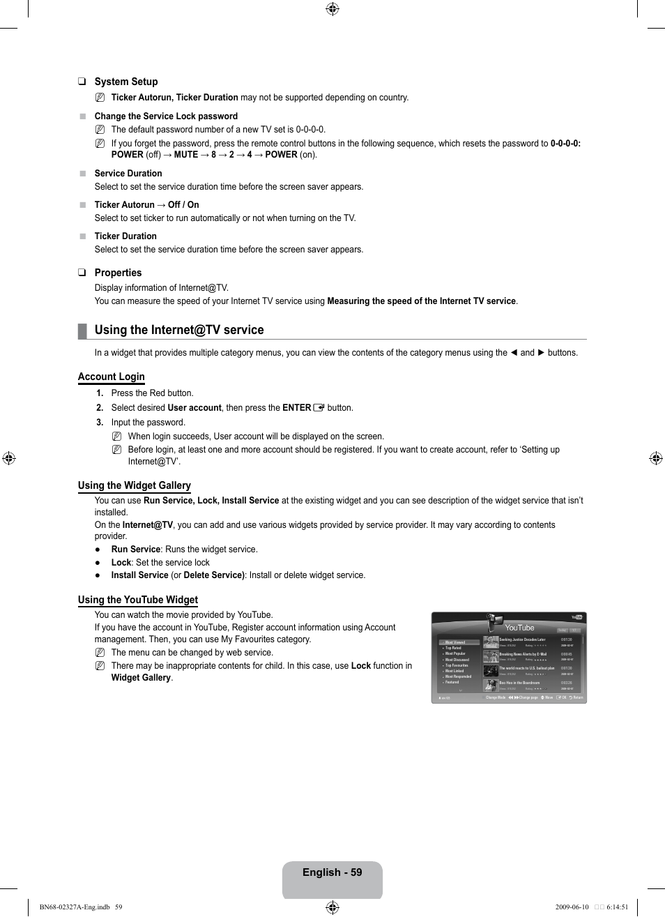 Using the internet@tv service, English - 59 system setup, Properties | Account login, Using the widget gallery, Using the youtube widget | Samsung LE40B750U1P User Manual | Page 61 / 302