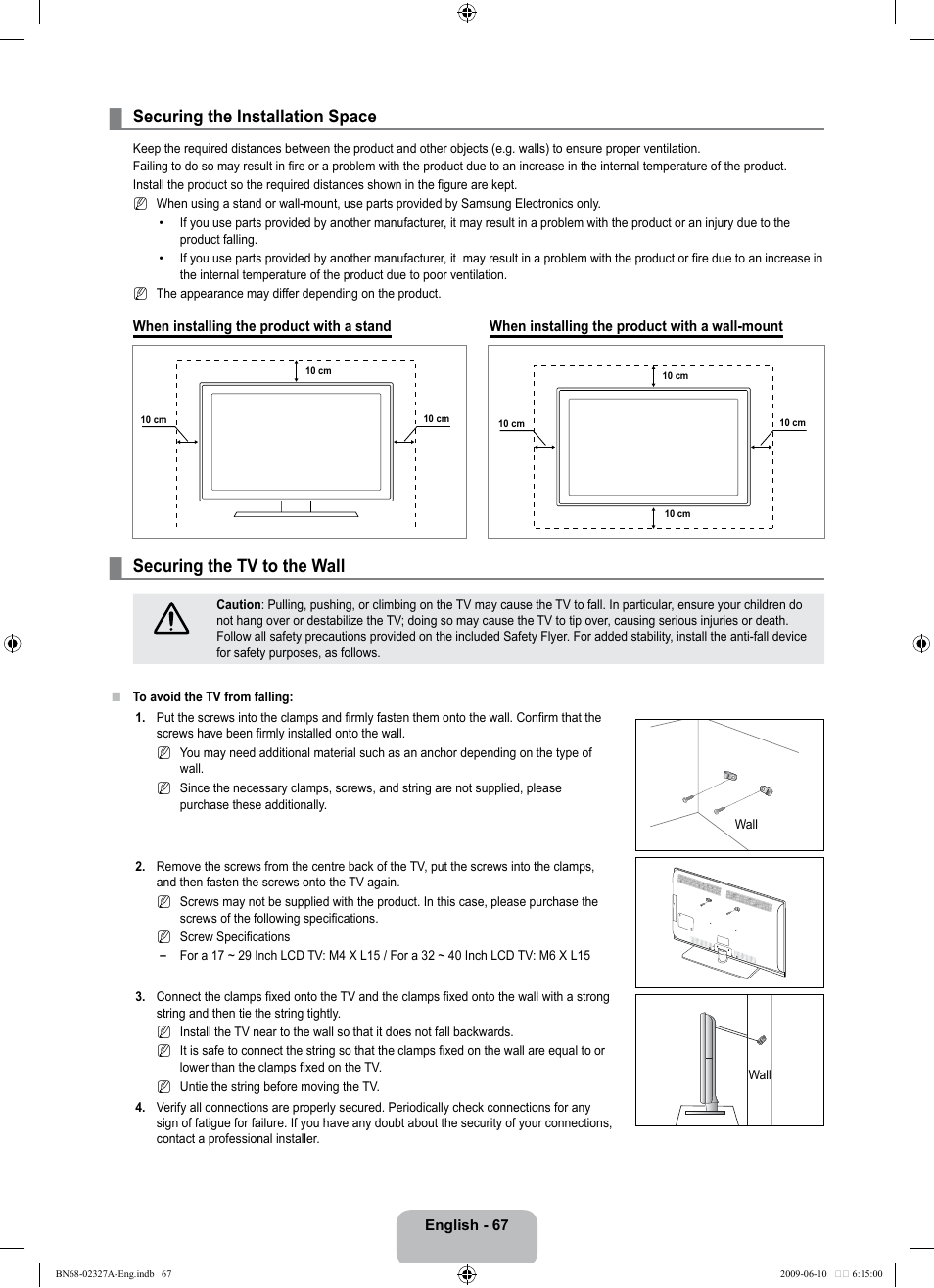 Securing the installation space, Securing the tv to the wall | Samsung LE40B750U1P User Manual | Page 69 / 302