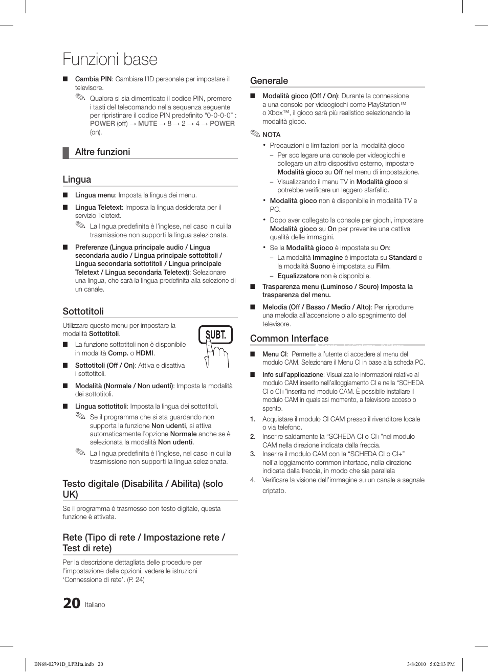 Funzioni base | Samsung LE46C579J1S User Manual | Page 167 / 198