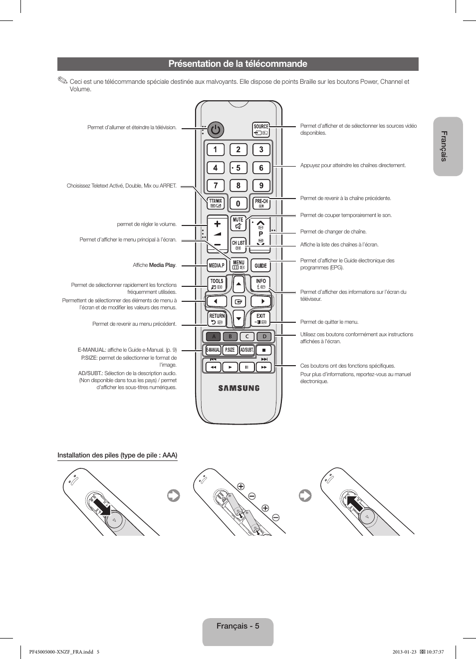 Présentation de la télécommande | Samsung PS51F5000AW User Manual | Page 23 / 73