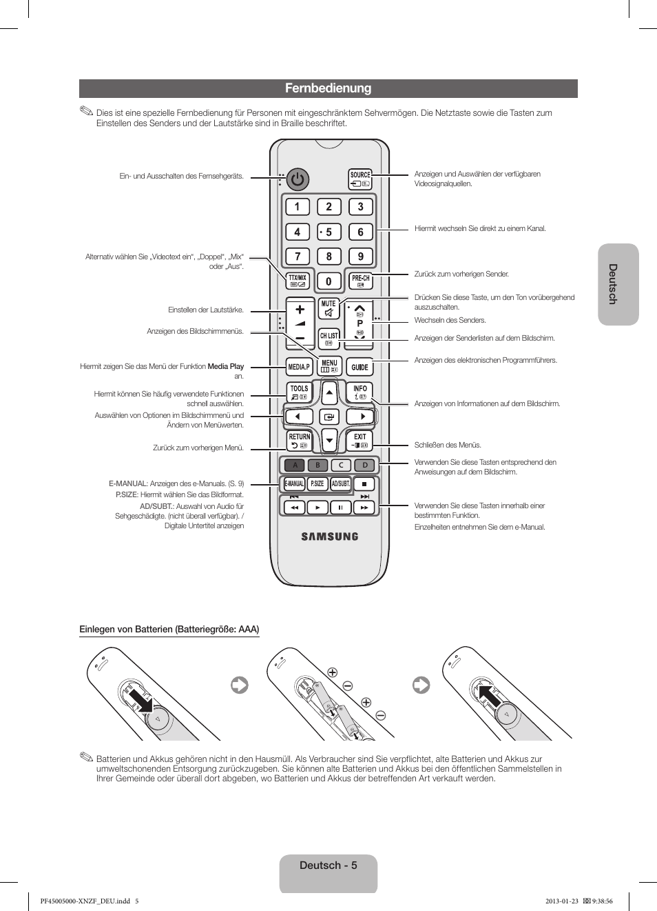 Fernbedienung | Samsung PS51F5000AW User Manual | Page 41 / 73