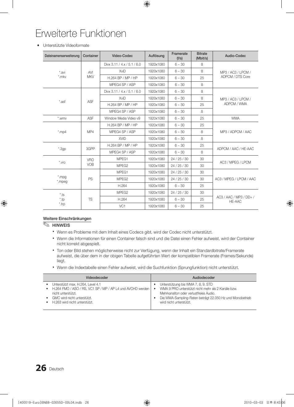 Erweiterte funktionen | Samsung UE32C4000PW User Manual | Page 110 / 169