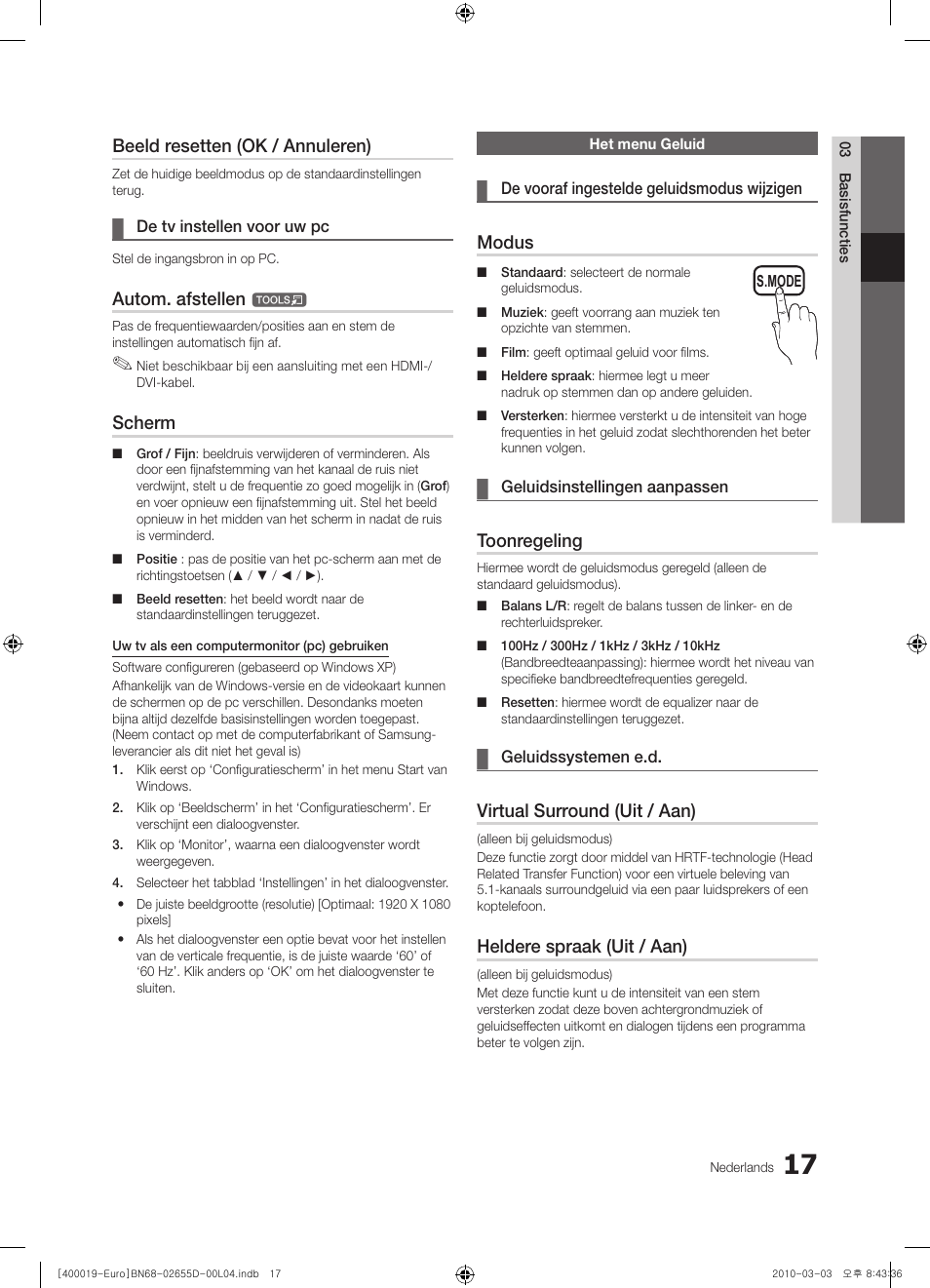 Beeld resetten (ok / annuleren), Autom. afstellen, Scherm | Modus, Toonregeling, Virtual surround (uit / aan), Heldere spraak (uit / aan) | Samsung UE32C4000PW User Manual | Page 143 / 169
