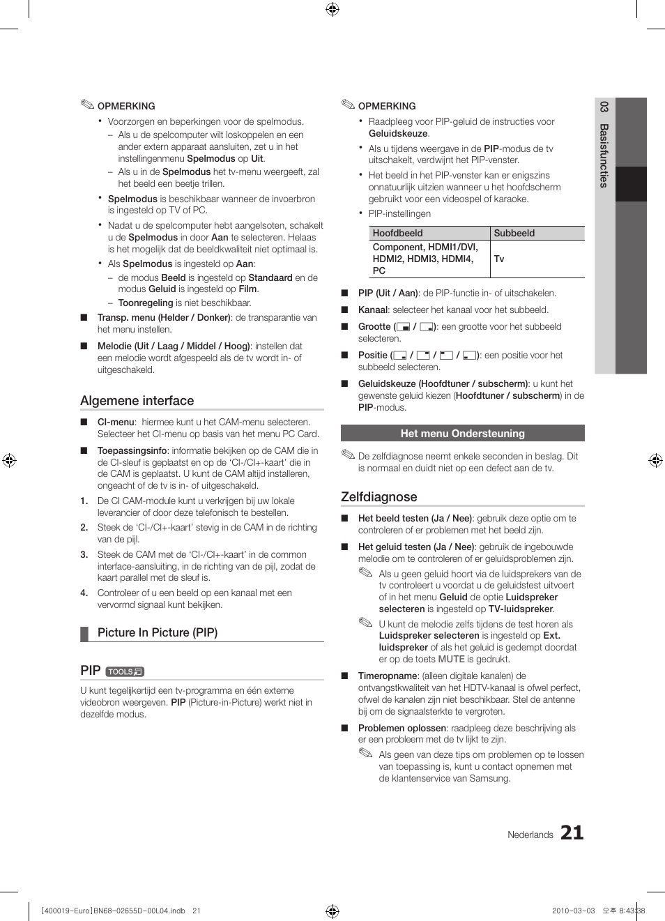Algemene interface, Zelfdiagnose | Samsung UE32C4000PW User Manual | Page 147 / 169