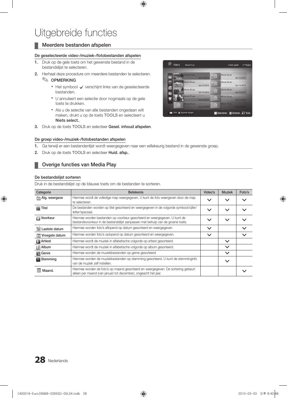 Uitgebreide functies, Meerdere bestanden afspelen, Overige functies van media play | Samsung UE32C4000PW User Manual | Page 154 / 169