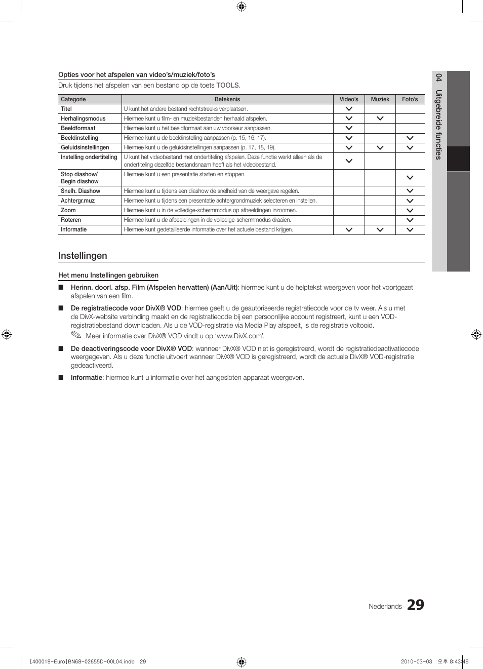Instellingen | Samsung UE32C4000PW User Manual | Page 155 / 169