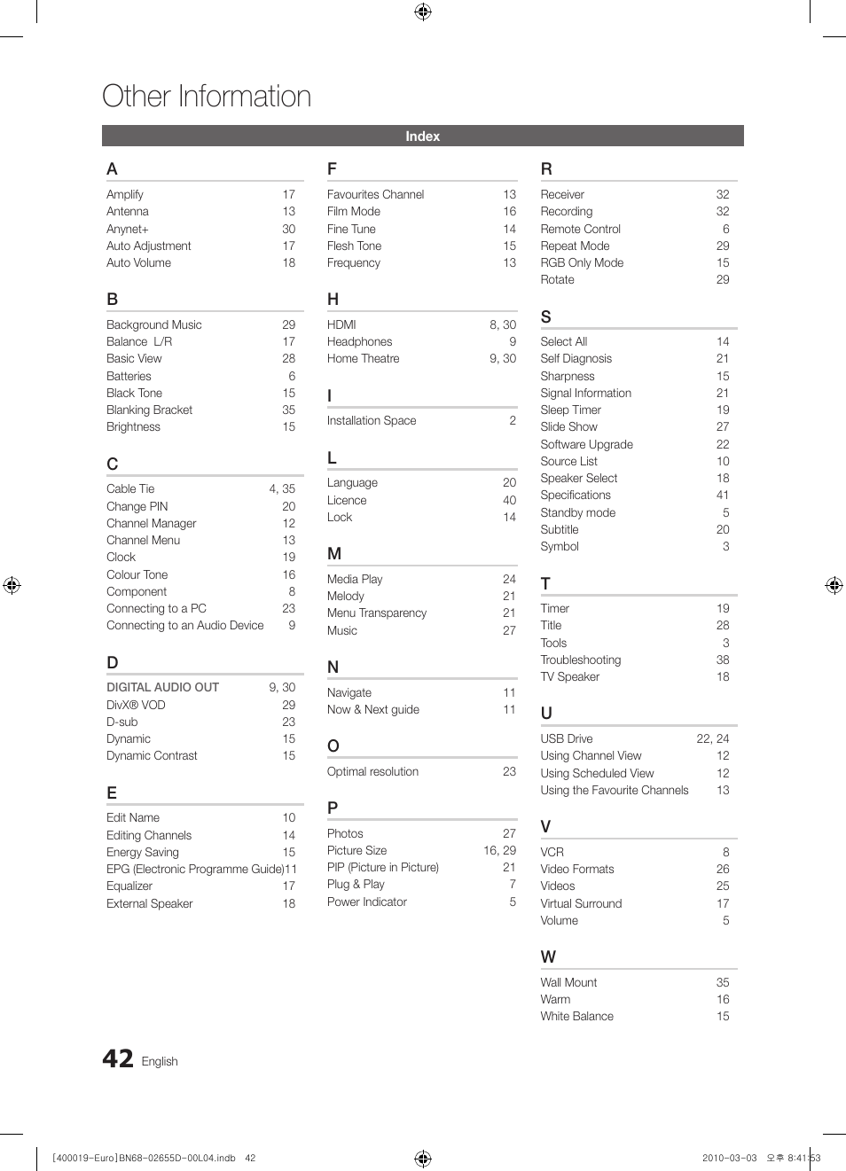 Other information | Samsung UE32C4000PW User Manual | Page 42 / 169