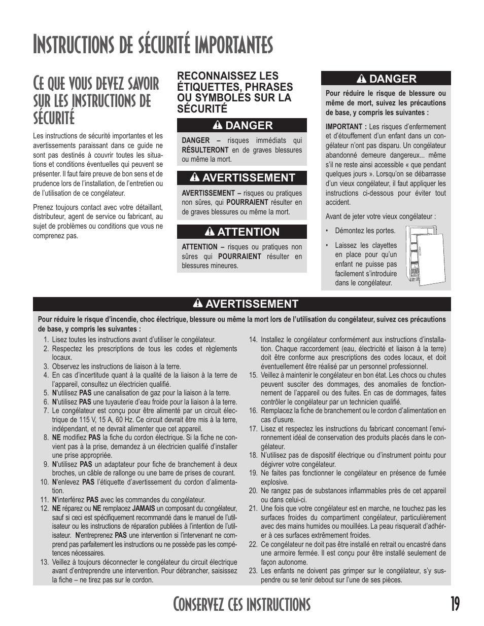 Instructions de sécurité importantes, Conservez ces instructions, Danger | Avertissement, Attention | Amana Upright Freezers User Manual | Page 19 / 48