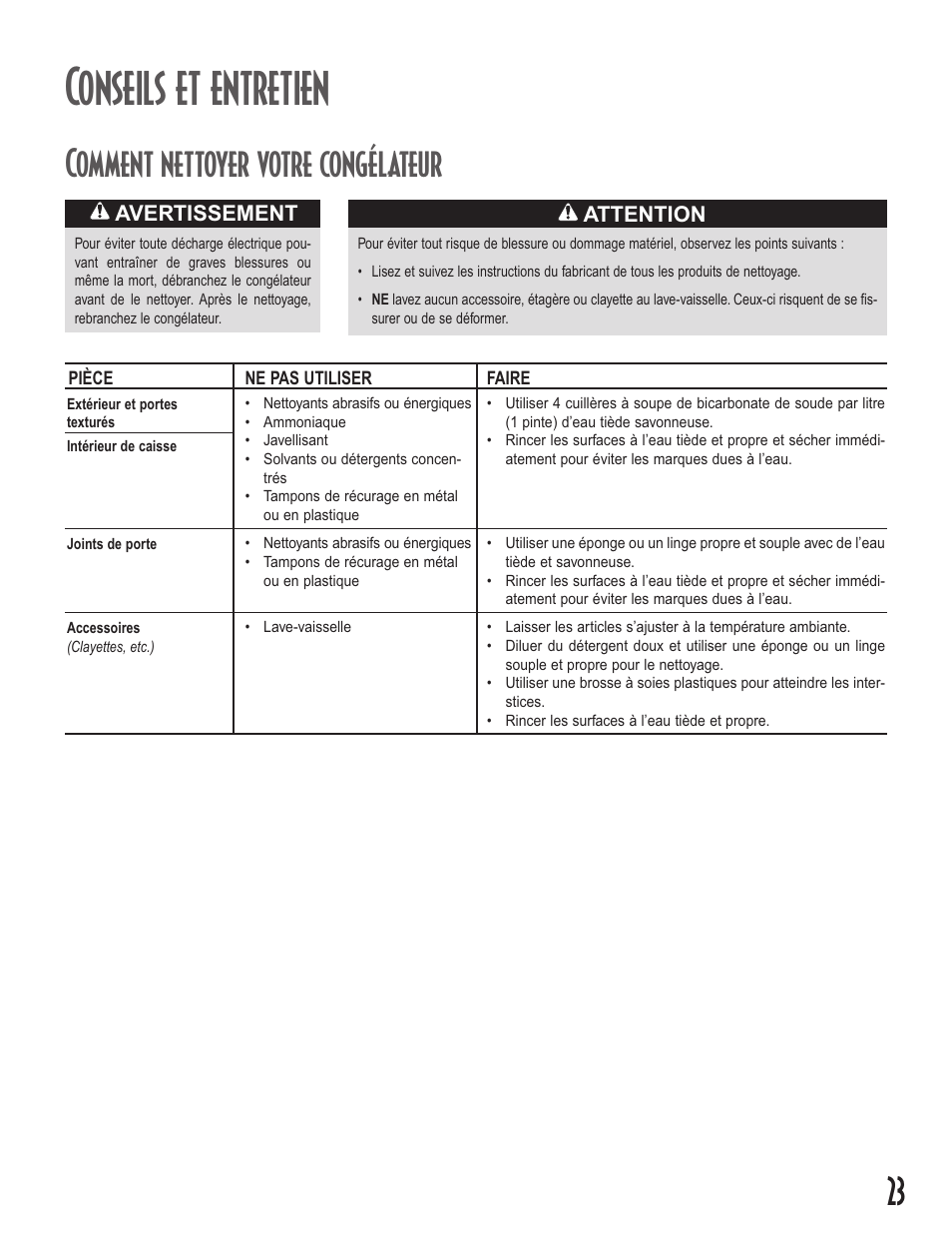 Conseils et entretien, Comment nettoyer votre congélateur, Attention | Avertissement | Amana Upright Freezers User Manual | Page 23 / 48