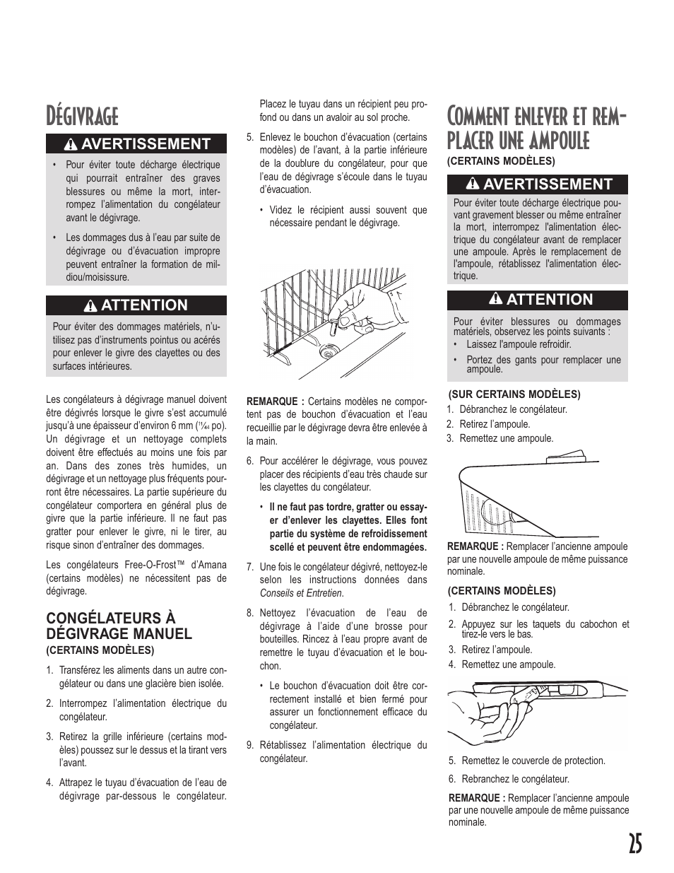 Comment enlever et rem- placer une ampoule, Dégivrage, Attention | Avertissement, Congélateurs à dégivrage manuel | Amana Upright Freezers User Manual | Page 25 / 48