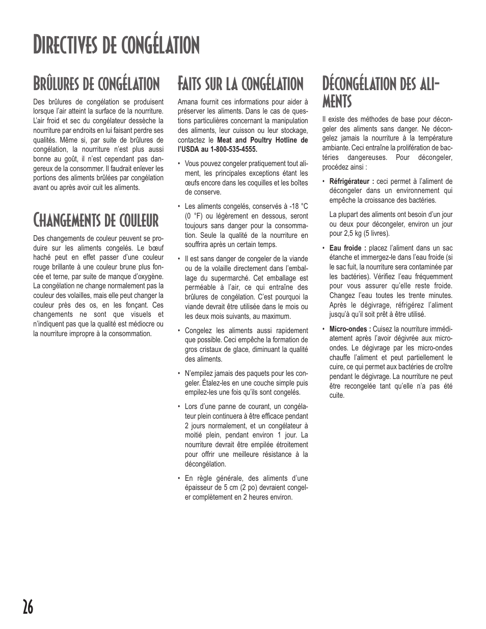 Directives de congélation, Brûlures de congélation, Changements de couleur | Faits sur la congélation, Décongélation des ali- ments | Amana Upright Freezers User Manual | Page 26 / 48