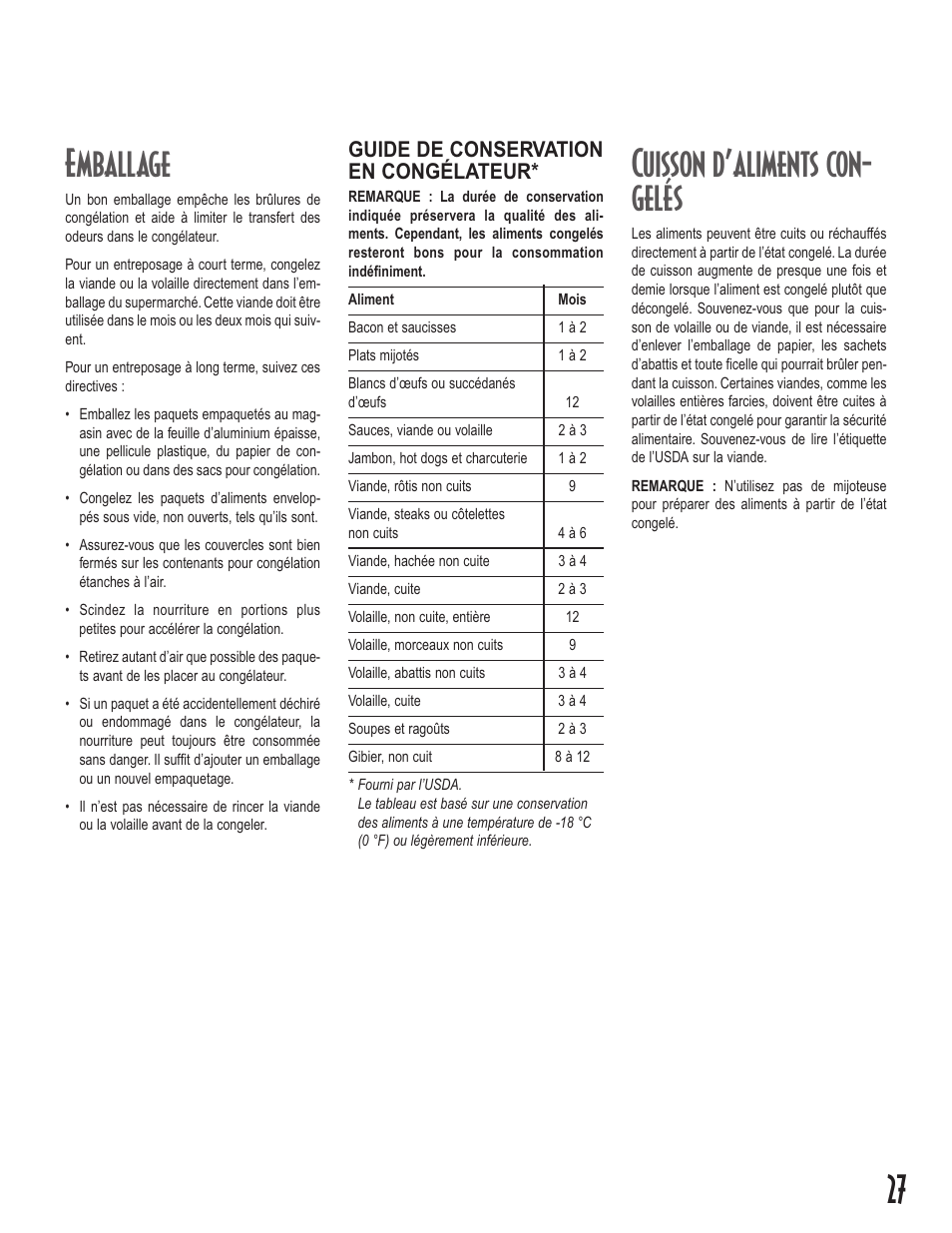 27 emballage, Cuisson d’aliments con- gelés, Guide de conservation en congélateur | Amana Upright Freezers User Manual | Page 27 / 48