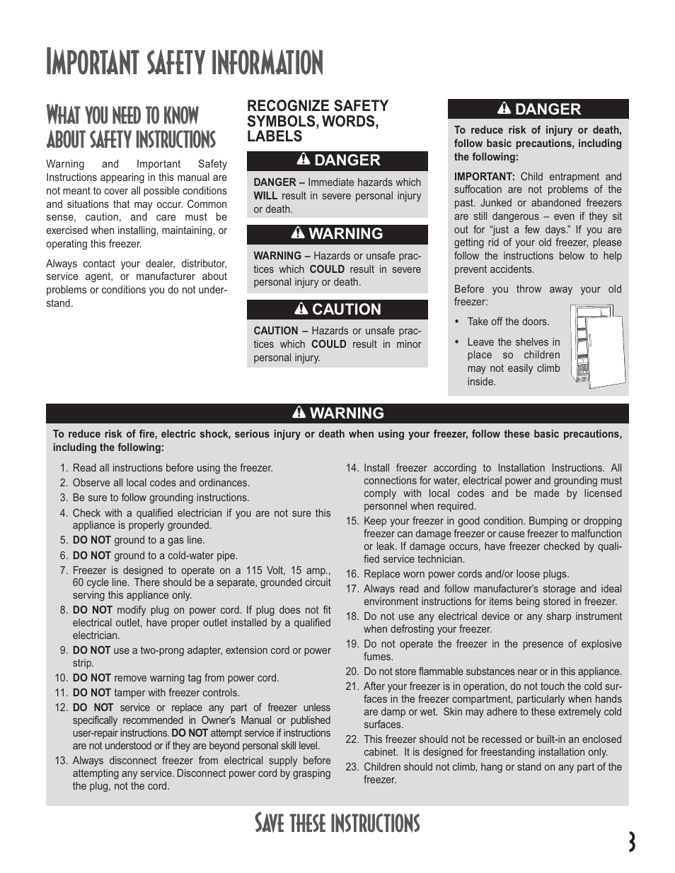 Important safety information, Save these instructions, What you need to know about safety instructions | Danger, Warning, Caution, Danger recognize safety symbols, words, labels | Amana Upright Freezers User Manual | Page 3 / 48