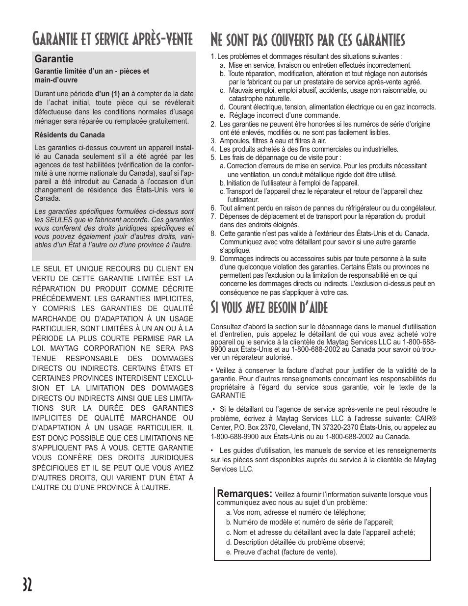 Si vous avez besoin d’aide, Garantie, Remarques | Amana Upright Freezers User Manual | Page 32 / 48