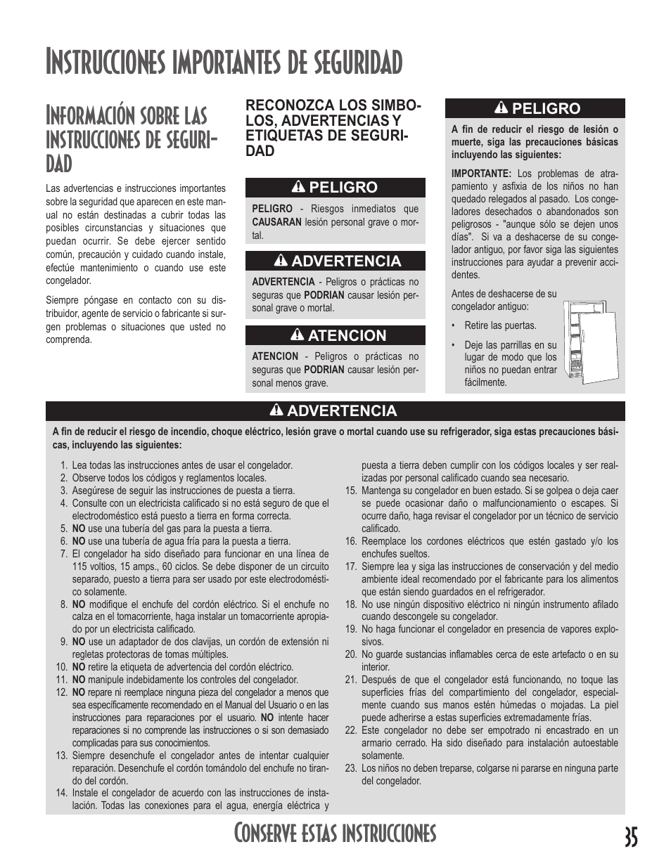 Instrucciones importantes de seguridad, Información sobre las instrucciones de seguri- dad, Conserve estas instrucciones | Peligro, Advertencia, Atencion | Amana Upright Freezers User Manual | Page 35 / 48