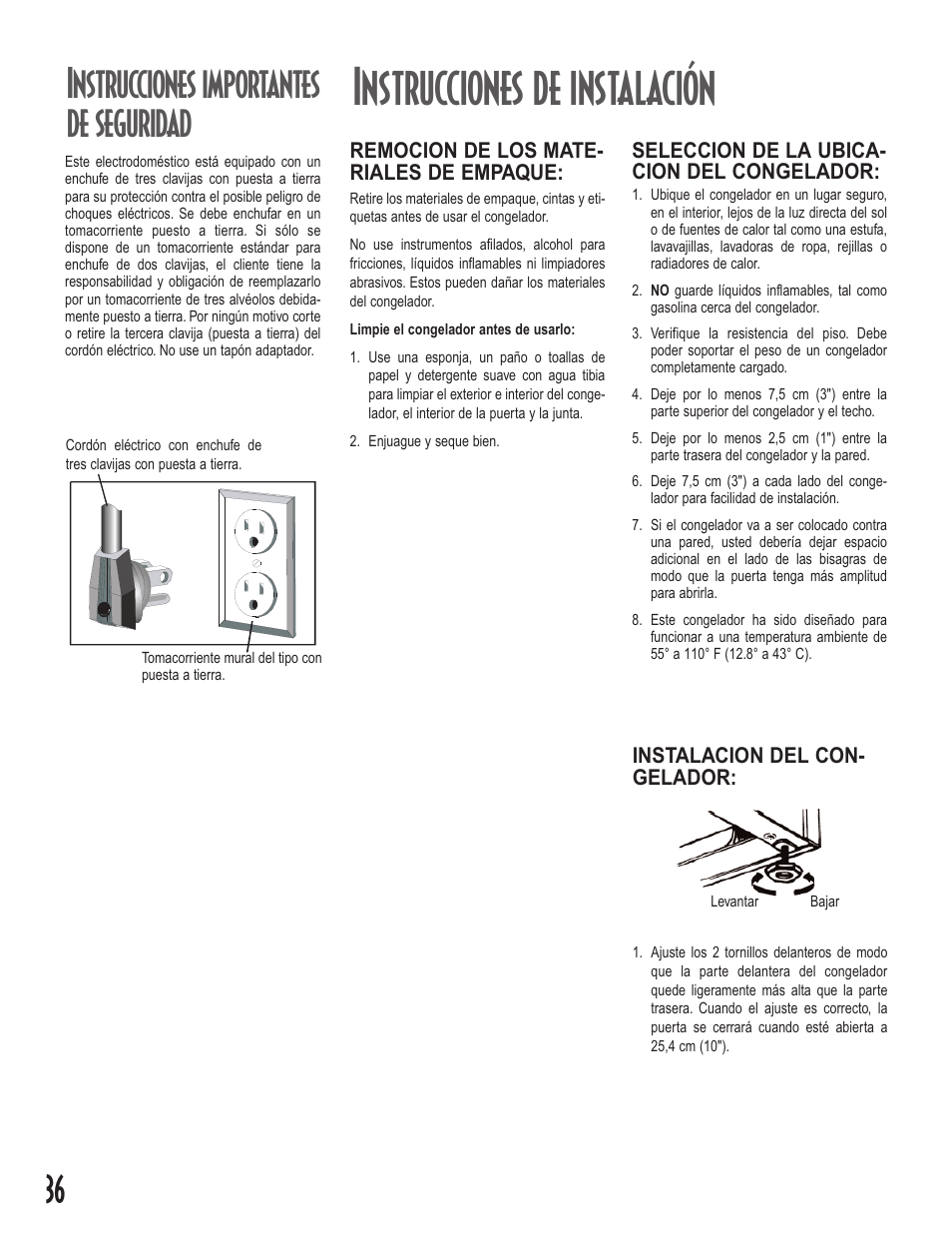 Instrucciones de instalación, Instrucciones importantes de seguridad, Instalacion del con- gelador | Remocion de los mate- riales de empaque, Seleccion de la ubica- cion del congelador | Amana Upright Freezers User Manual | Page 36 / 48